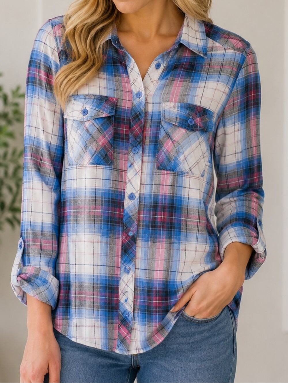 PASSPORT | Women's Blue Pink White Plaid Button-Up Long Sleeve Shirt Size M